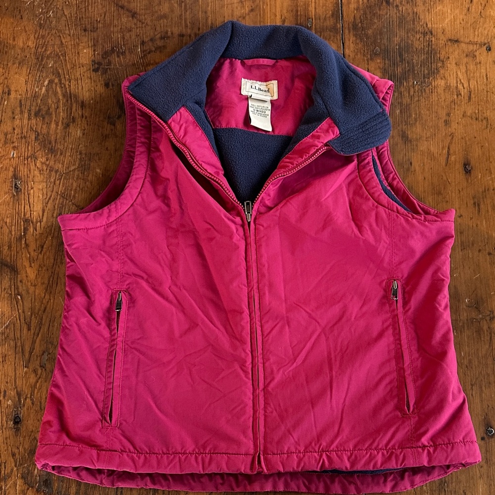 L.L. Bean Magenta Shell Vest with Navy Fleece Lining